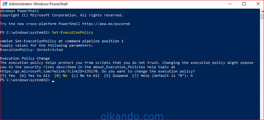 Yönetici PowerShell'de Set-ExecutionPolicy komutuna Unrestricted değeri girilmiş; onay sorusuna A (Yes to All) yanıtı veriliyor
