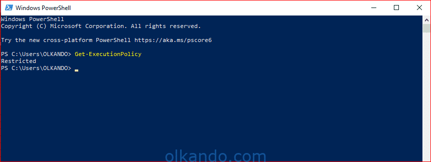 PowerShell penceresinde Get-ExecutionPolicy komutu çalıştırılmış; çıktı Restricted