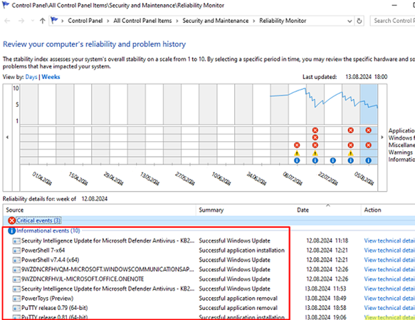 view software installation events in reliability h 1 -